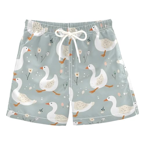 ALAZA White Duck Leaf Blossom Flower Boys Quick Dry Beach Board Shorts Kids Swim Trunks Bathing Suit Swimsuit 2T