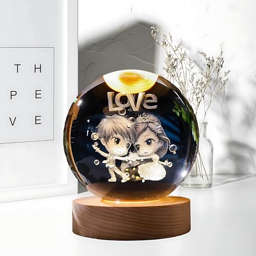 Image of 3D Crystal Ball Night Light with Wooden Base, Aesthetic Clear LED Lamp for Home and Bedroom Touch Switch, Warm Light for Kids and Teens Perfect Birthday & Anniversary (Love Lamp)