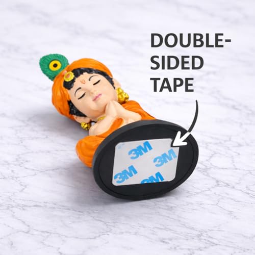Image of Bal Krishna Idol for Car Dashboard | Premium Laddu Gopal Figurine for Home, Office & Car Decor | Baby Krishna Murti | Hindu God Statue | Spiritual Gift & Decorative Idol | Krishan Close Eye | Orange