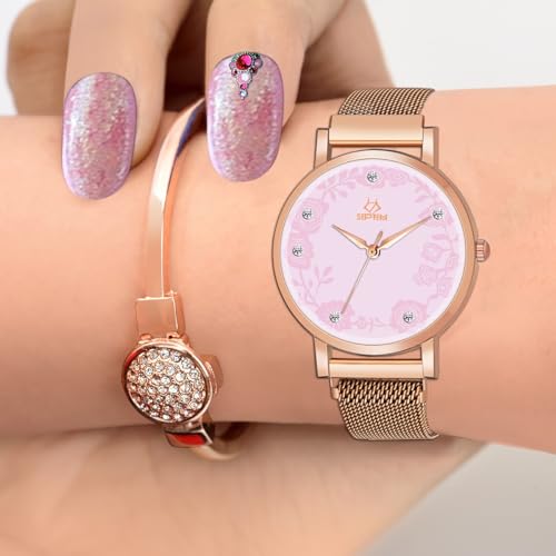 Image of Septem 147-BlackMagnet Belt Diamond Studded Flower Design Analog Wrist Watch for Girls