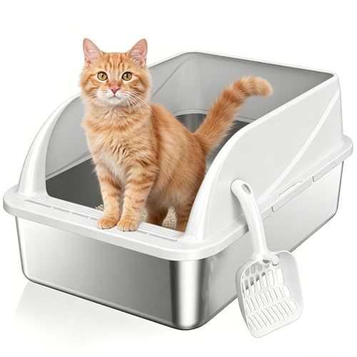 OneBug Stainless Steel High Sides Cat Litter Box with Scoop, Open Top Litter Pan for Indoor Cats,...