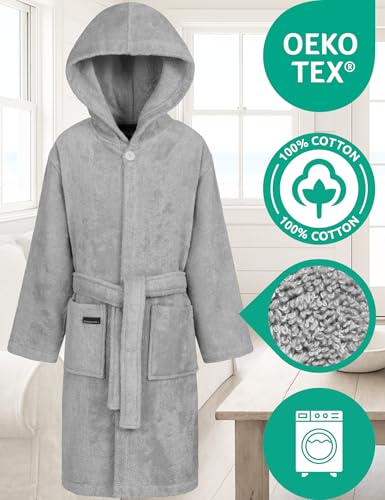 Morgenstern Bademantel Kinder & Teenager Mädchen Jungen 100% Baumwolle Frottee mit Kapuze OEKO-TEX® Kinderbademantel Morgenmantel Größe 158-164, Grau