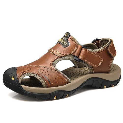 Men's Genuine Leather Sandals Men’s Sport Outdoor Hiking Sandals Closed Toe Athletic Adventure Beach Fisherman Water Sandals