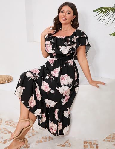 Image of KOJOOIN Women Plus Size Off Shoulder Maxi Dress Ruffle Flowy Casual Summer Boho Long Dresses