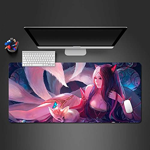 Tapis de souris gaming XXL style anime fille et renard pour set up de bureau de gamer sur PC