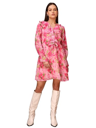 Image of PURVAJA Women's V-Neck Georgette Mini Dress (Floe-105-107)