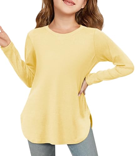 Girls Long Sleeve Shirts Kids Crewneck Curved Hem Tunic Tops Plain Fall T Shirt