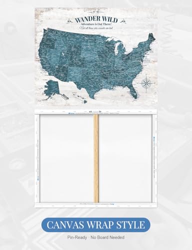 Image of IPIC - Vintage Teal USA Map Wall Art, Push Pin USA Map to Track Your Travels, Farmhouse Style Canvas Wall Decor for Home, Office, Living Room or RV, Ready to Hang, Made in USA