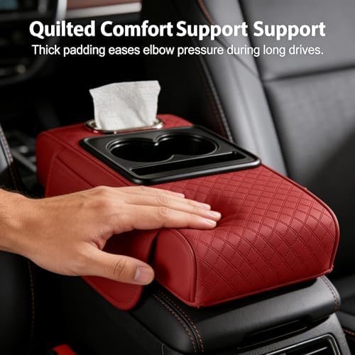 4-in-1 Multifunctional Car Armrest Cushion, Soft & Comfortable Cars Armrest Pad, Car Center Console Cover with Cup Holder, Phone Slot & Built-in Storage Box, Universal Auto Accessory (Black+Red) - 2