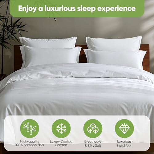 Image of TWK Luxury Sheet Set, Genuine 100% Organic Viscose Derived from Bamboo, Cooling & Breathable, Silky Soft, Bedding Sheets & Pillowcases (White, Queen)