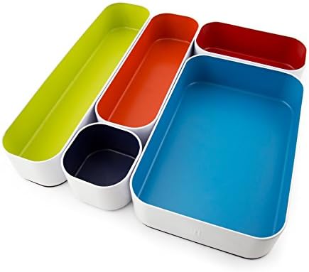 Three by Three Seattle 5 Piece Metal Organizer Tray Set for Storing Makeup, Stationery, Utensils, and More in Office Desk, Kitchen and Bathroom Drawers (2 Inch, Assorted Colors)