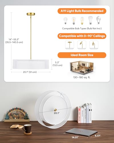 Image of VONLUCE 20.1 inch Drum Chandelier, 3-Light Fabric Modern Ceiling Light Fixture