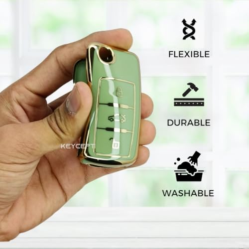 Image of Keycept Gold Line TPU Key Cover Compatible with Polo, Vento, Jetta, Ameo, Passat, Rapid, Laura, Superb, Octavia, Fabia, Yeti 3 Button Flip Key with Keychain. (Type 2, Green)