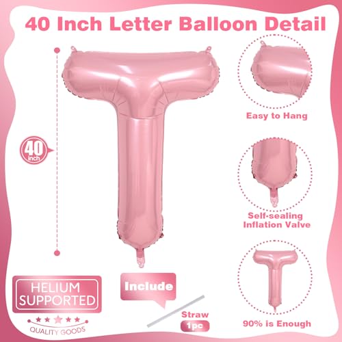 Image of 40 Inch Pastel Pink TWO Letter Balloons, Light Pink TWO Balloon Letters with Ribbon, Pearl Pink Alphabet TWO Balloon for Kid Girls 2 Year Old Birthday Second 2nd Anniversary Party Decorations