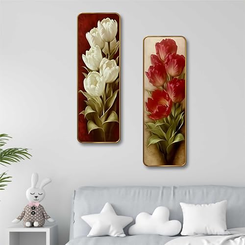 Image of Livin'luxe Red & White Tulip Set of 2 Vertical MDF Wall Panels | Premium Sparkle Lamination Finish | Elegant Floral Art Wall Decor for Living Room & Bedroom (12 x 18 Inch) AS-03