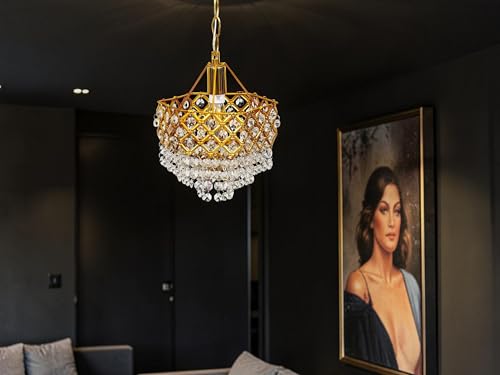 Image of Prop It Up Crystal Chandelier with Gold Frame for Home, Glass Crystal Beads Pendant for Hall, 25 Inch Chain Length, 9 Inch Diameter, Without Bulb