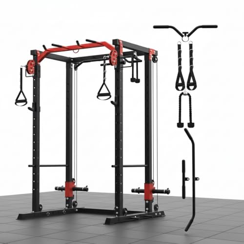 Power Cage, All-in-1 Home Gym with LAT Pulldown & Cable System, 2000LBS Squat Rack for Home & Garage & Apartment Use, Workout Cage with More Attachments Red