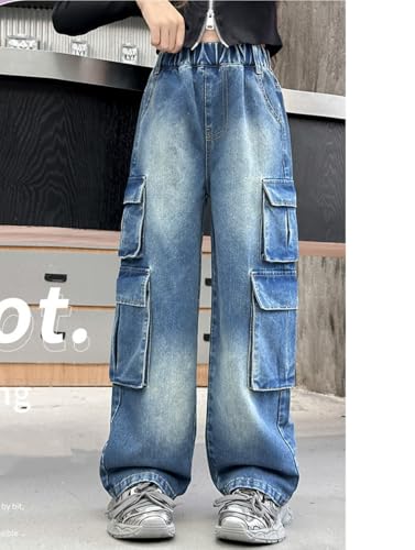 Kids Girls Elastic Waist Baggy Cargo Denim Jeans Pants with Pockets - Y2K Wide Leg Cotton Casual Jeans for 4-14Years3