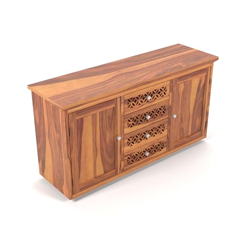 Image of Solid Sheesham Wood Wooden Sideboard Storage Cabinet & Chest of Drawer : Ideal for Living Room and Bedroom with 4 Drawers and 2-Shelf Storage (Cambrey, Honey Finish)