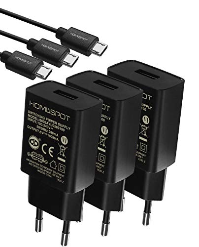 HomeSpot Ladegerät & Micro USB Kabel Value Pack kompaktes Universal USB Ladegerät/Netzteil / 5V1A mit EU Stecker mit 2 Mete USB Kabel für Samsung Galaxy, LG und weitere USB Geräte (3er Pack) Cover