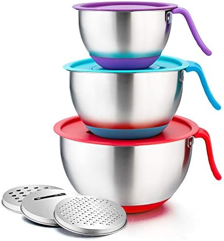 P&P CHEF Mixing Bowls with Lids Set of 3, Stainless Steel Mixing Bowl with Pour Spout & Long Handle & 3 Grater Attachments for Mixing and Prepping, Non-Slip Bottoms & Functional Lids, Size- 1.5/3/5 QT