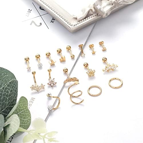 LOLIAS 17Pcs 16G Cartilage Earrings Stud for Women Men Stainless Steel CZ Labret Helix Piercing Tragus Stud Earrings Forward Conch Piercing Jewelry Set