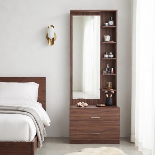 FURNIFLIX Engineered Wood Dressing Table with Mirror and Storage | Engineered Wood Dressing Table with 5 Shelves & 2 Drawer, Vanity Table for Bedroom,