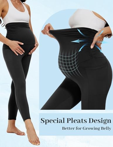 Fotociti 2/3/4 Pack Maternity Leggings With Pockets Over The Belly,Womens Pregnancy Workout Yoga Active Soft Tights Pants2