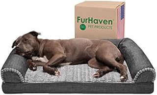 Furhaven Pet Bed for Dogs and Cats - Luxe Fur and Performance Linen Sofa-Style Egg Crate Orthopedic Dog Bed, Removable Machine Washable Cover - Charcoal, Large
