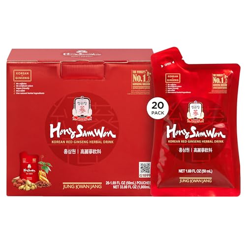 JUNG Kwan Jang Hong Sam Won Korean Red Ginseng Drink | Energy Drink, Pre Workout, Herbal Tea, Ginseng Supplement | Jujube, Ginger, Cinnamon, Goji Berry | Vegan Friendly (20 Count)