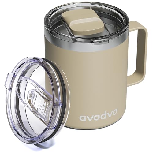 avodvo 12oz Insulated Coffee Mug with Lid – Includes Two Lids, Stainless Steel Coffee Travel Mug with Handle, Double Wall Vacuum Insulated Camping Mug for Home, Office & Outdoor, Brown