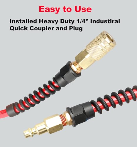 Keepro Polyurethane Recoil Air Hose, 1/4 Inch ID By 25 Feet Long Air Compressor Hose with Repairable Solid Brass 1/4\" Industrial Quick Coupler and Plug, 145 PSI Maximum Pressure, Red
