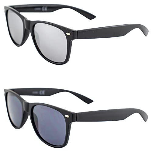 AlterImage Jive Sports Retro Sunglasses for Men or Women 2 Pair Black Frames w/Flash Mirror & Smoke Lenses