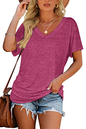 Image of WIHOLL Womens Summer T-Shirts Short Sleeve V Neck Dolman Tops with Side Shirring Loose Fit Shirts Spring Fashion