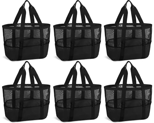 Hillban Large Beach Mesh Bags Bulk for Women Beach Tote Bag with 8 Pocket Zipper Waterproof Sandproof for Pool Cruise Ship(Black 6 Pcs)