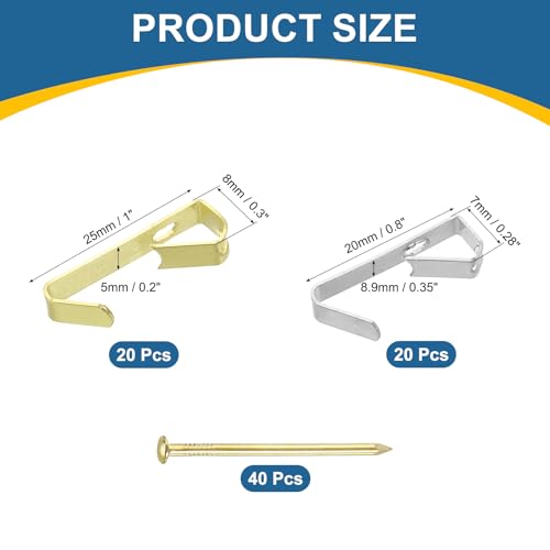 Image of uxcell 80 Pcs Picture Hangers, 30 /10lb Picture Hanging Kit Picture Hanging Hooks Picture Hooks for Wooden Wall or Drywall Frame Painting Art Photo(40 Hangers + 40 Nails), Gold & Silver