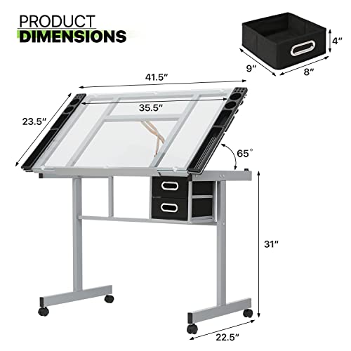 Magshion Drafting Table Adjustable Height Artist Desk With Tilting Clear Glass Tabletop, Portable Art Desk With 2 Storage Drawers And 2 Lockable Rolling Casters For Artists Painters Student (Clear) #TOP2