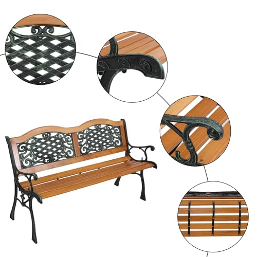 GODECOR 49\" Outdoor Garden Bench, Patio Furniture Outdoor Chair with Hardwood Slats and Cast Iron Frame, Weather Proof 2-Person Outdoor Loveseat for Park, Porch, Pool, Backyard