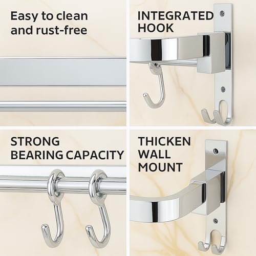 Image of JIALTO Stainless Steel Wall Mounted 24 Inch Towel Rack with 3 Hooks | Rustproof Bathroom Hangers for Clothes & Towel | Space Saving, Heavy Duty Towel Bar for Bathroom, Chrome Finish