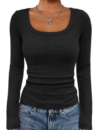 ATHMILE Womens Long Sleeve Tops Fall Scoop Neck Ribbed Knit Shirts Slim Fitted Casual Basic Tee T Shirt for Women 2025