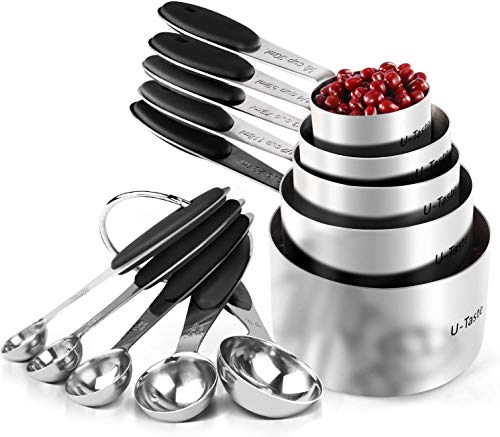Messbecher: U-Taste 18/8 Edelstahl Messbecher und Messlöffel Set mit 10 Stück, Griff mit Verbesserter Dicke, Amerikanisch (Schwarz) Cover