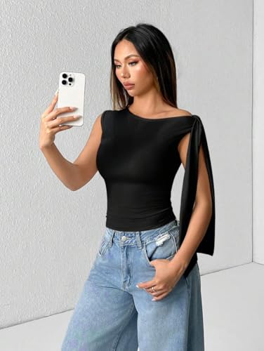 Image of TIVANTE Solid Asymmetrical Shoulder Tie Strap Crop Top for Women