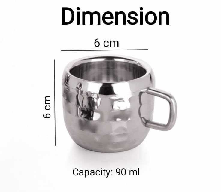 Image of Stainless Steel Hammered Tea Coffee Cup Set of 6 (90 ml) | Mirror Finish Chai Cups | Small Steel Tea and Coffee Mugs | Double wall Drinkware for Home Cafe | Steel Tea & Coffee Cup Set