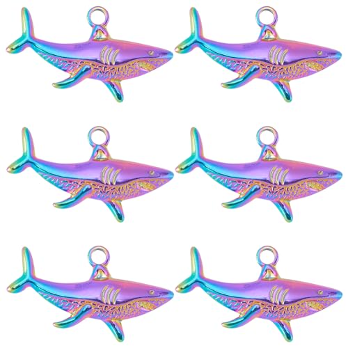 SUNNYCLUE 1 Box 10Pcs Shark Charms Sea Animal Charms Bulk Mini Cute Rack Plating Rainbow Sharks Ocean Animals Stainless Steel Summer Charm for jewellery Making Charms Women DIY Necklaces Earrings
