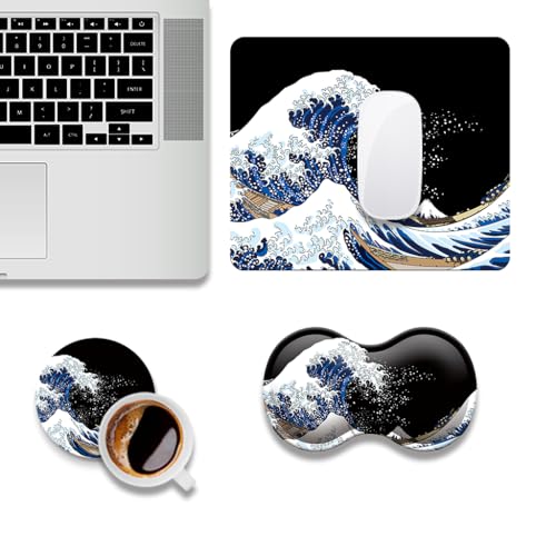 HOMKUMY Mouse Pad + Wrist Rest Support + Coaster, 3PCS Set Ergonomic Memory Foam Mousepad with Durable Anti-Slip Rubber Base for Office, Home & Easy Typing Pain Relief, Sea