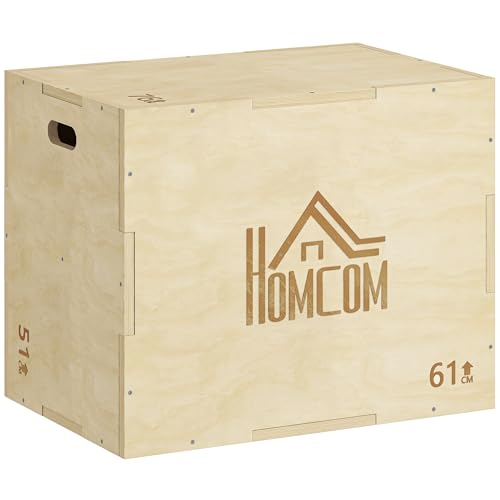 HOMCOM Cajón Pliométrico de Madera 3 en 1, Plataforma de Caja Pliométrica con 3 Alturas Diferentes, 2 Mango Hueco, Entrenamiento de Salto, Fuerza, para Casa, Gimnasio y Exterior, 61x51x76 cm