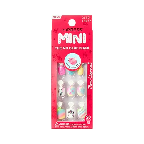 Kiss Impress No Glue Mani Press On Nails, Mini, 'Berry Best', Multicolor, Kids Size, Squoval Shape, Includes 20 Nails, 1 Mini File