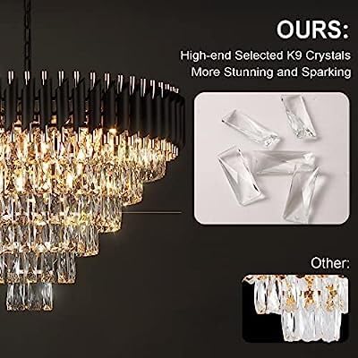 Image of Modern Crystal 800mm Chandelier Black and Gold Chandelier Round Chandeliers Pendant Ceiling Light Fixture Flush Mount Chandelier for Dining Room Living Room Bedroom Foyer Hallway Entryway