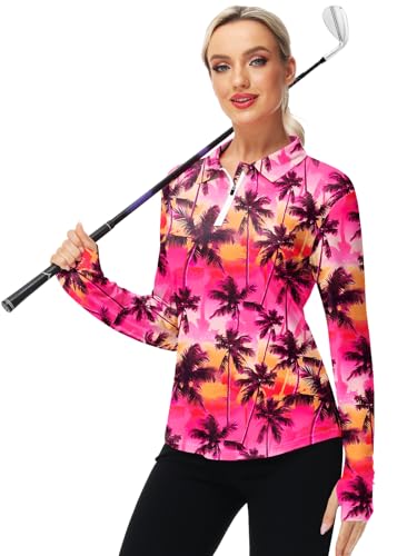 AOBUTE Women's Long Sleeve Golf Shirts Zip Polo Tennis Top with Thumb Hole