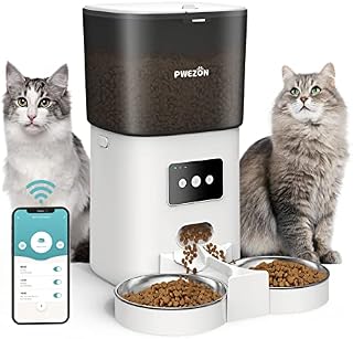 WiFi Double Automatic Cat Feeders, PWEZON 6L Smart Cat Feeder Automatic Phone with 2 Stainless Steel Bowls for 2 Cats, Dog Dry Food Dispenser with App Control 10s Meal Call and Timer Setting